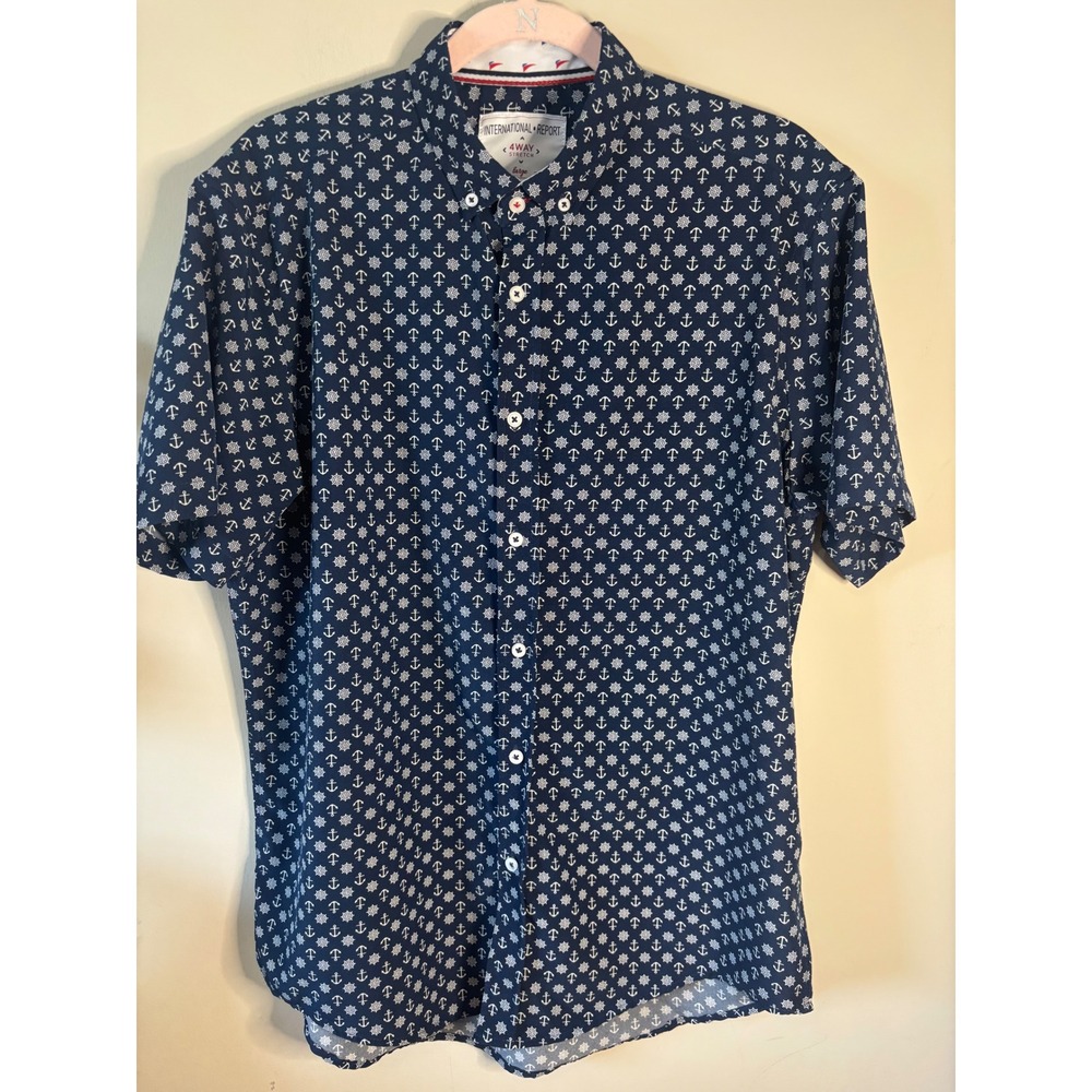 International Report Mens Navy Blue Nautical Anchor Print 4-Way Stretch Shirt L